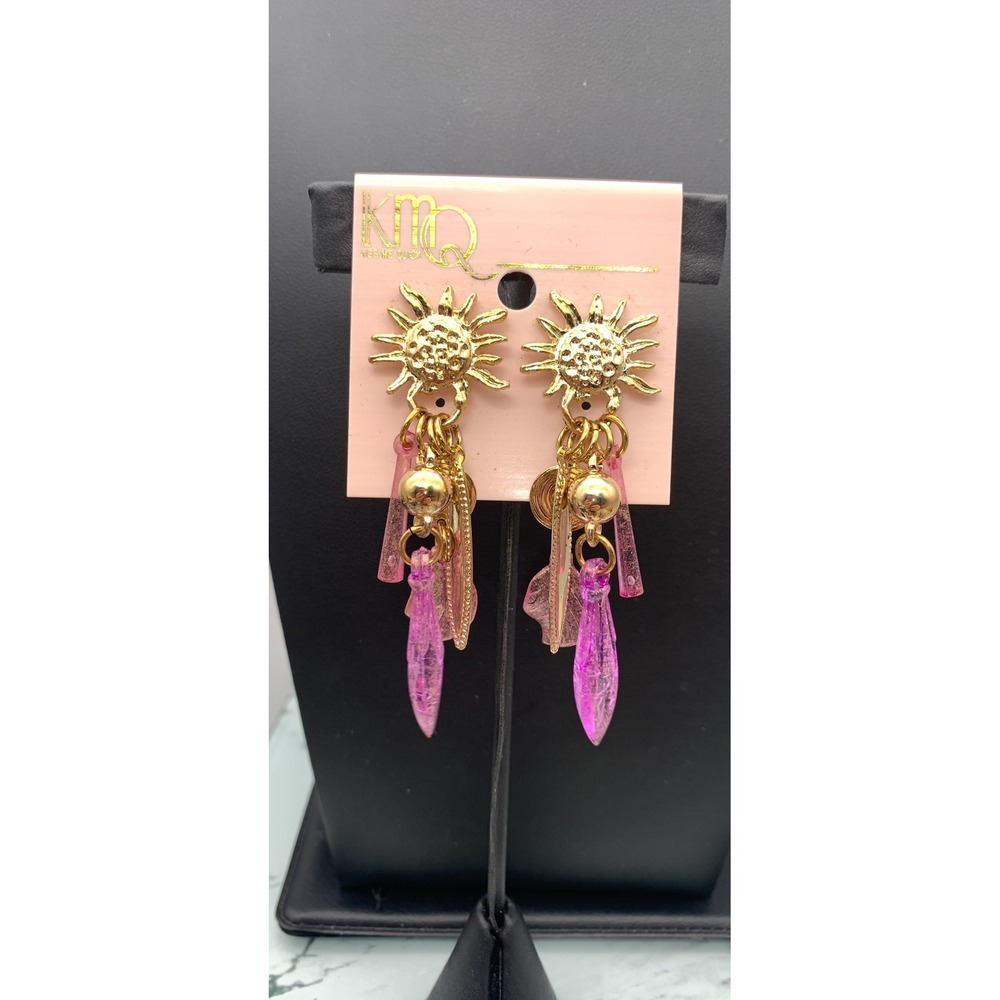 Vintage 80's /90's KMQ Kiss Me Quick Gold Tone Sun purple charm Dangle Earrings